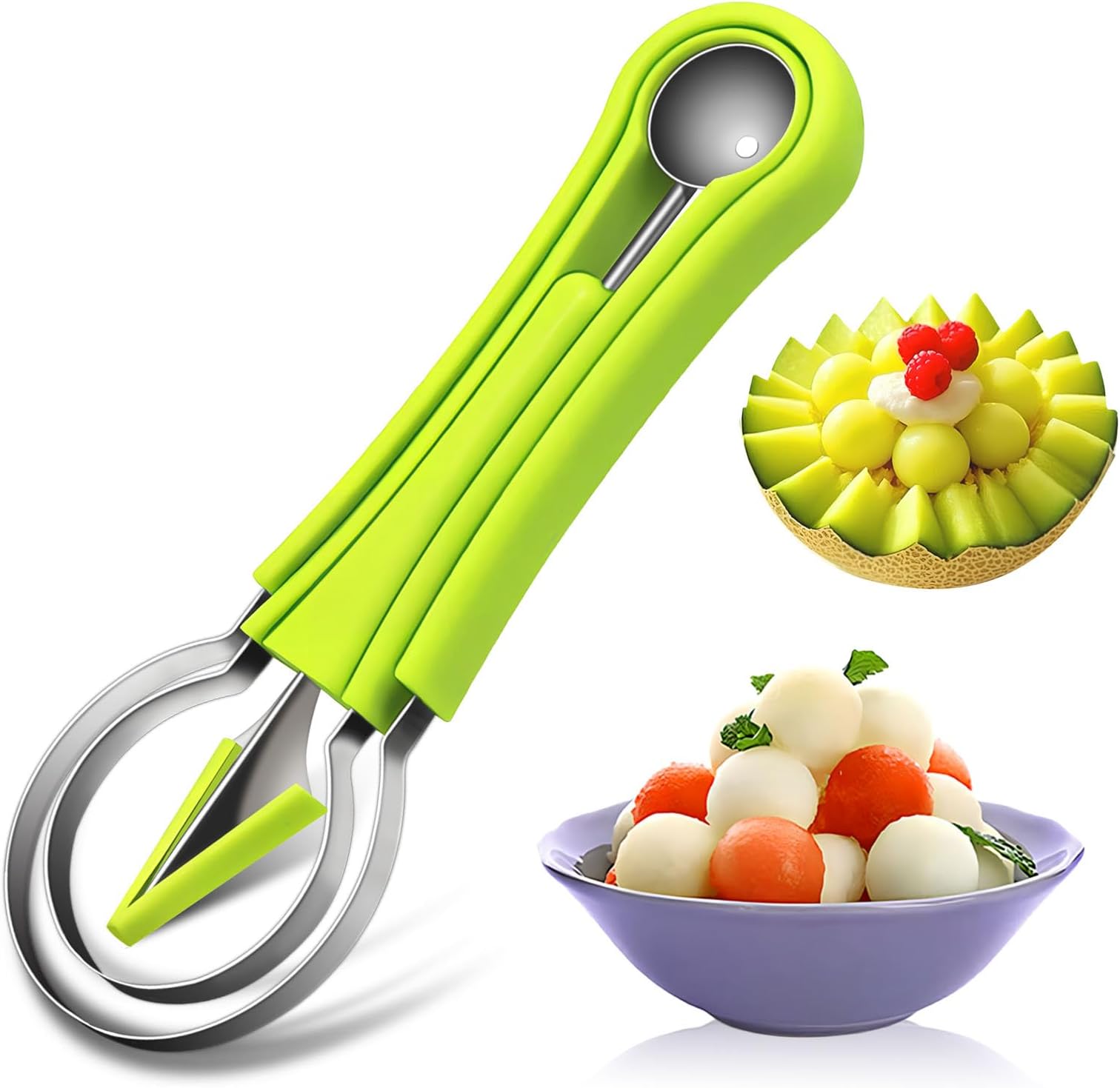 Suuker 4 in 1 Melon Baller Scoop Set, Stainless Steel Fruit Cutters Shapes, Watermelon Scooper and Baller, Fruit Carving Tools (Green)