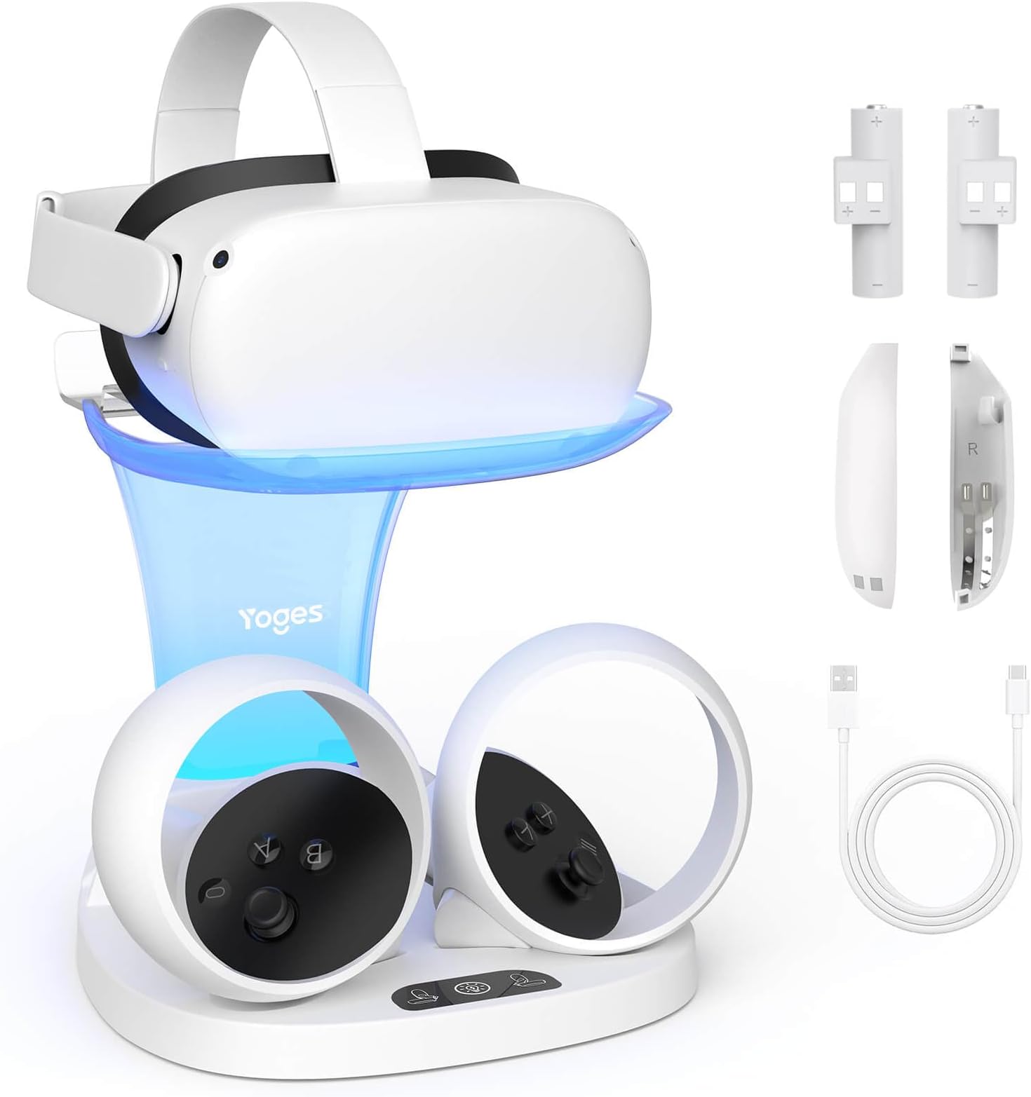 YOGES Charging Dock for Meta Quest 2, Fast Charging Station for Oculus Quest 2 & Controllers with 2 Rechargeable Batteries, VR Charging Stand Accessories for Quest 2, Support Elite Strap (Pure White)