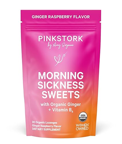 Pink Stork Morning Sickness Sweets, Organic Raspberry Ginger Candy with Vitamin B6, Support for Motion Sickness, Prenatal Heartburn - Pregnancy Must Haves - 30 Wrapped Drops - Ginger Raspberry