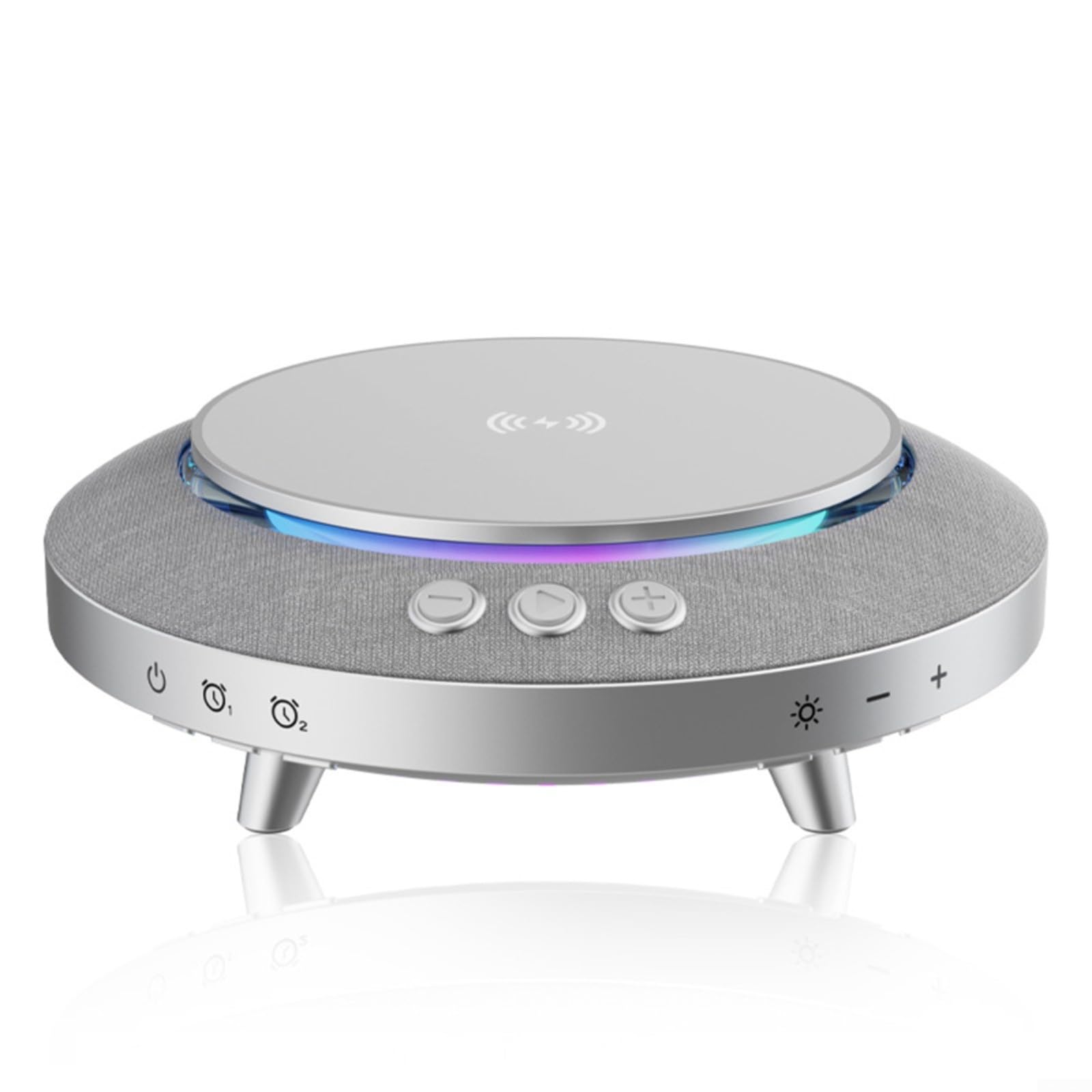 Altavoz portátil de 15 W con almohadilla de carga inalámbrica, graves BT 5.3, luz nocturna LED para viajes en casa, gris