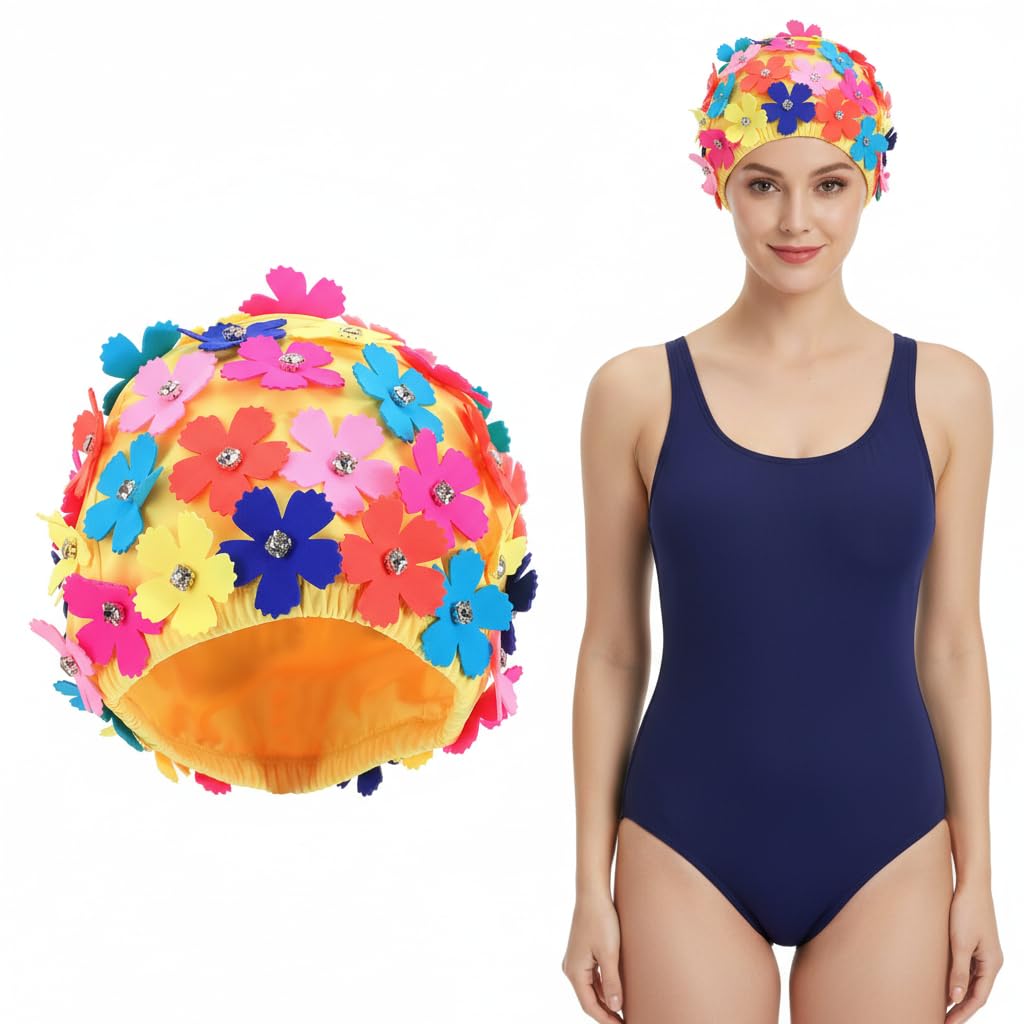 Veemoon 1 PC Simulation Flower Petal Shower Cap Hair Rhinestones Colorful Rhinestones Retro Decor Ear Protection Swimming Hat Swim Hats Floral Swim Cap Women Bathing Caps Tab