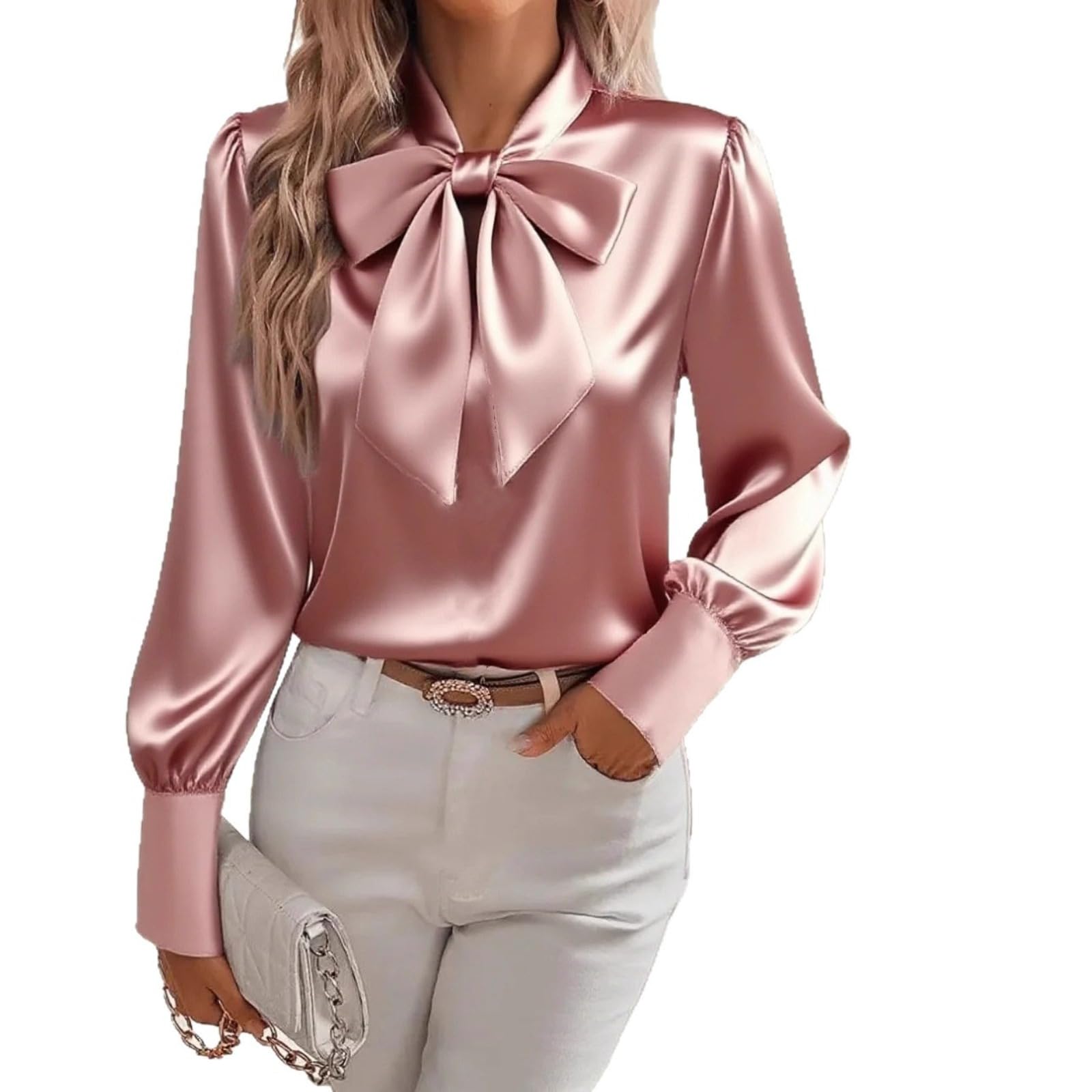 HESYSUAN Women's Bow Tie Neck Satin Shirts, Elegant Silk Blouses Long Sleeve Casual Dressy Business Work Tops for Women 2025 (Pink,L)