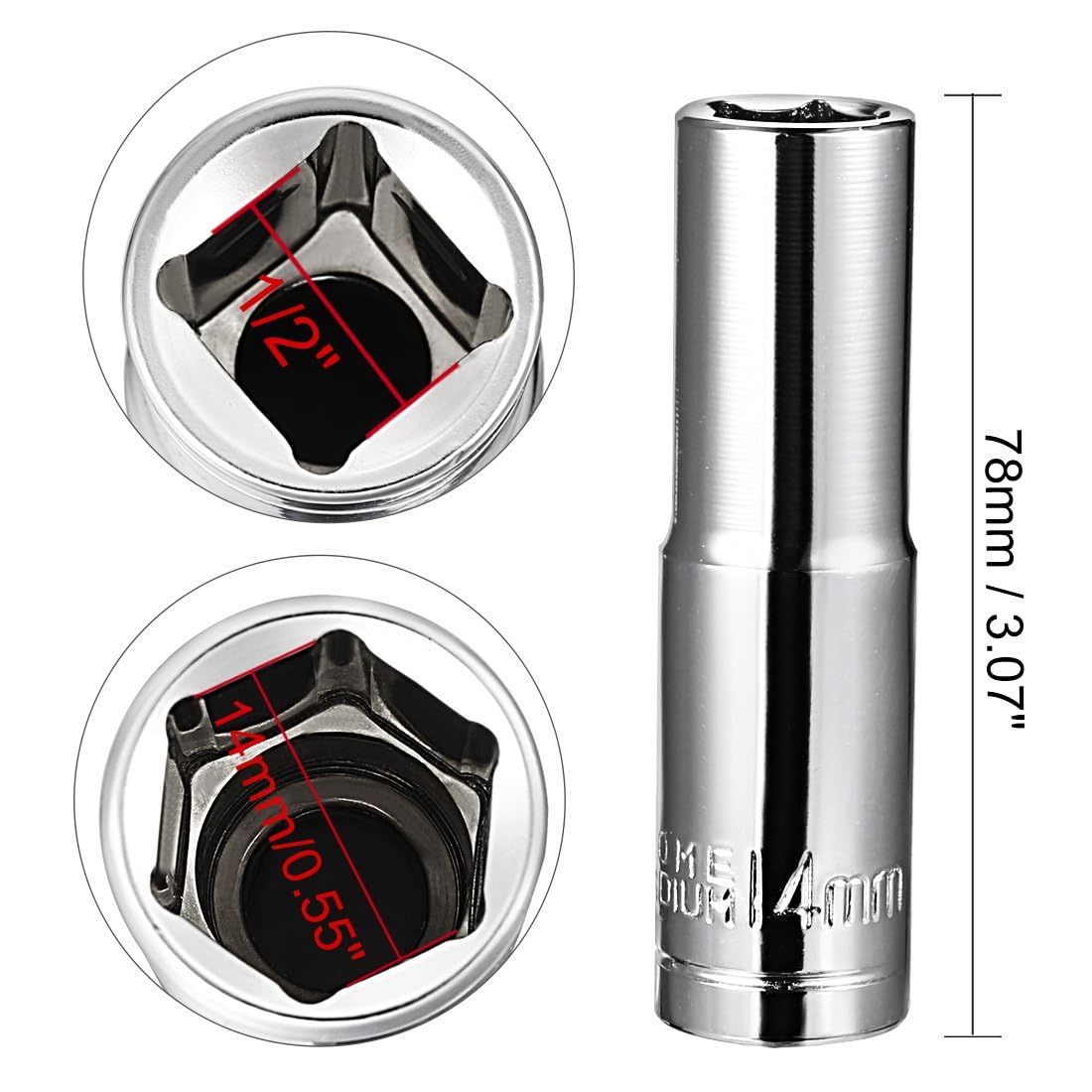 TA-VIGOR 1/2 Inch Drive 14mm 6-Point Deep Socket, Metric, Cr-V Drive Socket (Polishing) for Auto Repairing and Household - Image 2