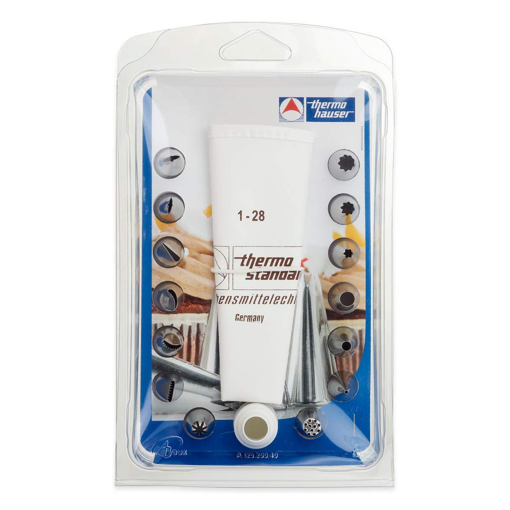 thermohauser Juego de mangas pasteleras reutilizables de algodón estándar, 16 piezas (manga pastelera, adaptador, 14 boquillas)