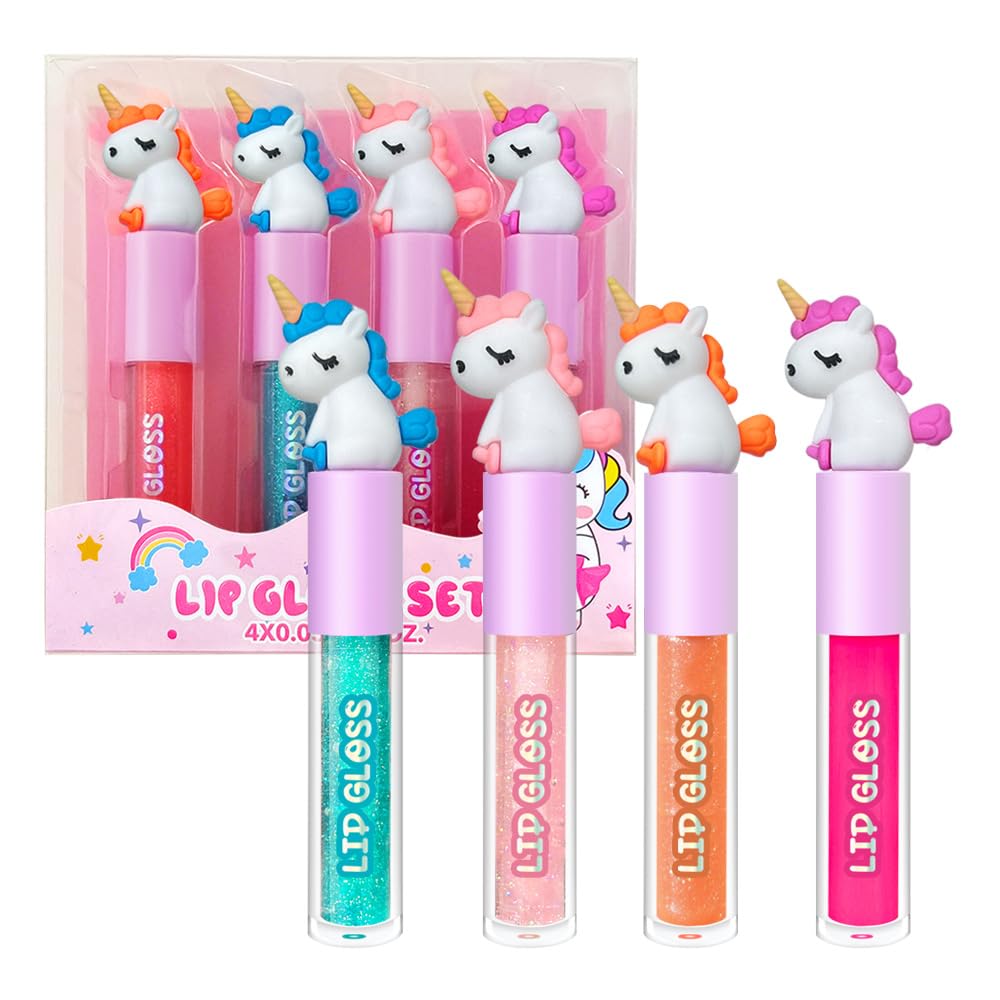 M U MAKE YOU UP 4pc Unicorn Lip Gloss Stick for Girls- Party Favors Glossy Lip Set with