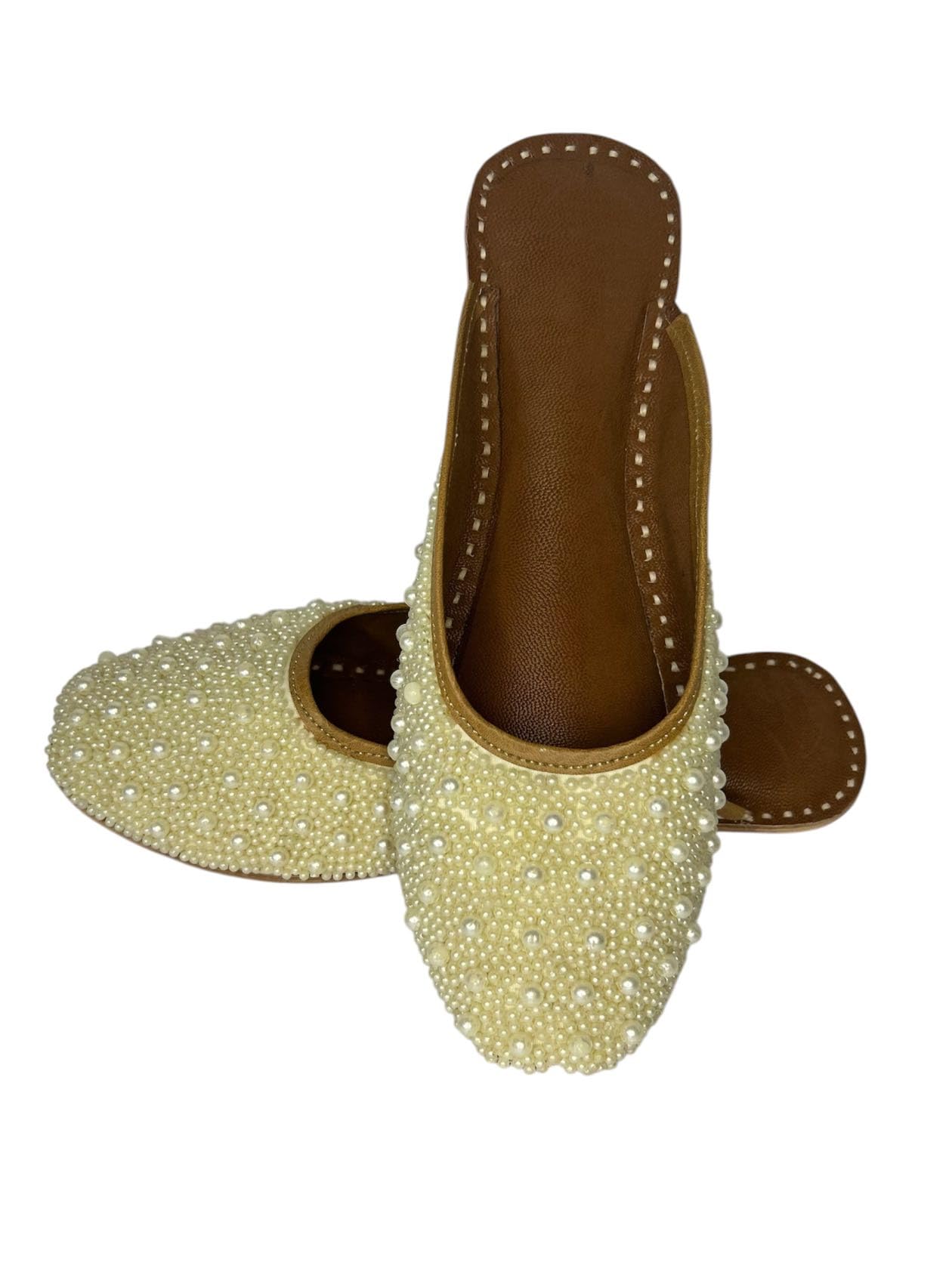 Women’s Handcrafted Ivory White Pearl Embroidered Back Open Jutti | Ethnic Punjabi Mojari Flats | Ethnic Slip-On Flat for Girls and Women-image-35