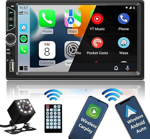 Estéreo de coche doble DIN con Apple Carplay inalámbrico Android Auto pantalla táctil HD de 7 pulgadas con Bluetooth receptor de audio para coche