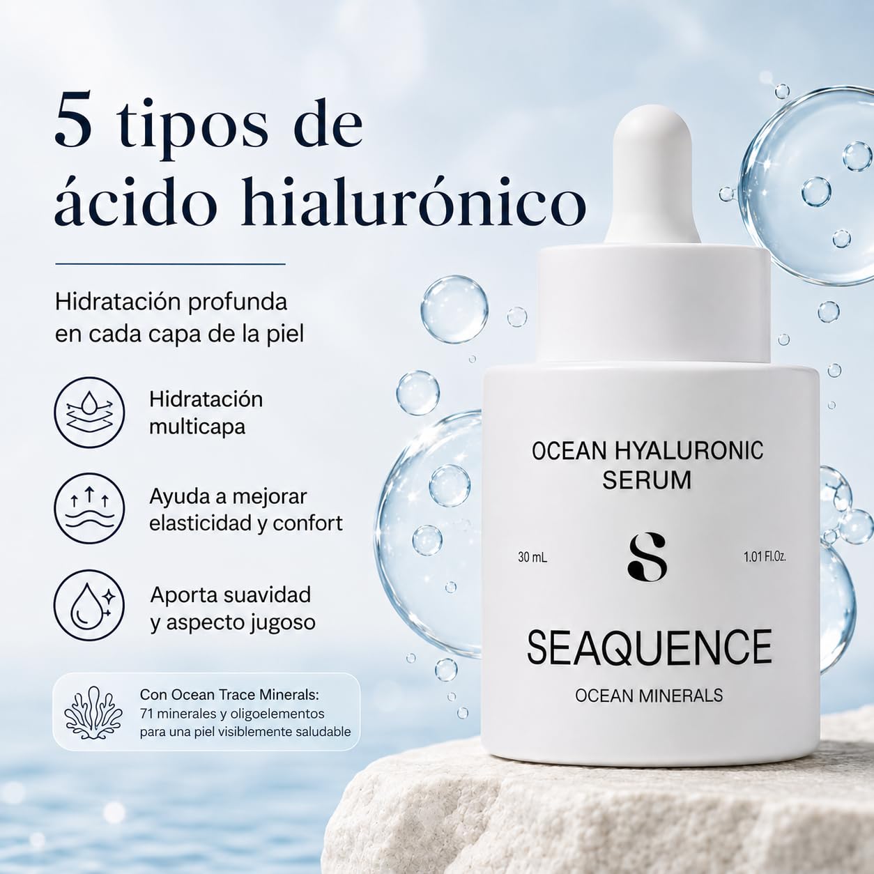 SEAQUENCE Ocean Hyaluronic Serum 30 ml | Sérum Facial Hidratante con Ormus Marino, Ocean Trace Minerals y 5 Tipos de Ácido Hialurónico | Luminosidad, Elasticidad y Firmeza | Todo Tipo de Piel