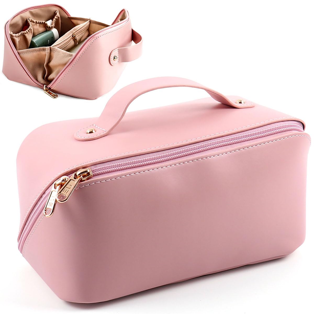 MAMUNU Large Capacity Cosmetic Travel Makeup Storage Bag with Handle Portable Zipper Cosmetic Toiletry Makeup Bag Large with Compartments for Women Girls (Pink)