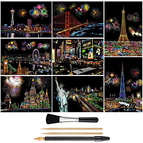 MeowHaus Scratch Art Rainbow Painting Paper (A4), Craft Arts Set 8 Sheets Crafts Scratchboard Painting Engraving Womens Hobbies, Adults Birthday Gift