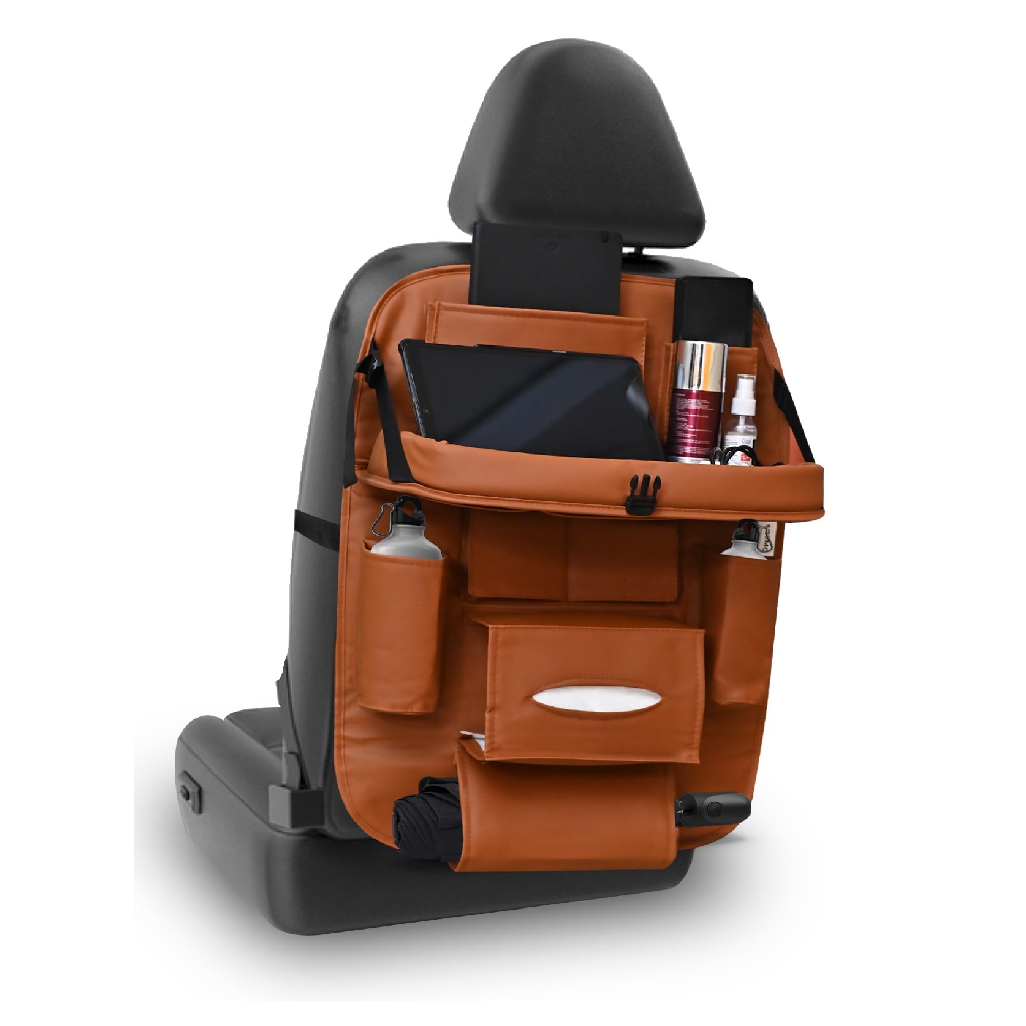Amazon Brand - Solimo Pu Leather Auto Car Automobiles Back Seat Organizer With Foldable Dining Table Tray, Multipocket Storage Tablet, Bottle And Tissue Paper Holder_Tan (With Tray),Multi-Coloured (B0CJJK3VR8) Amazon Price History, Amazon Price Tracker