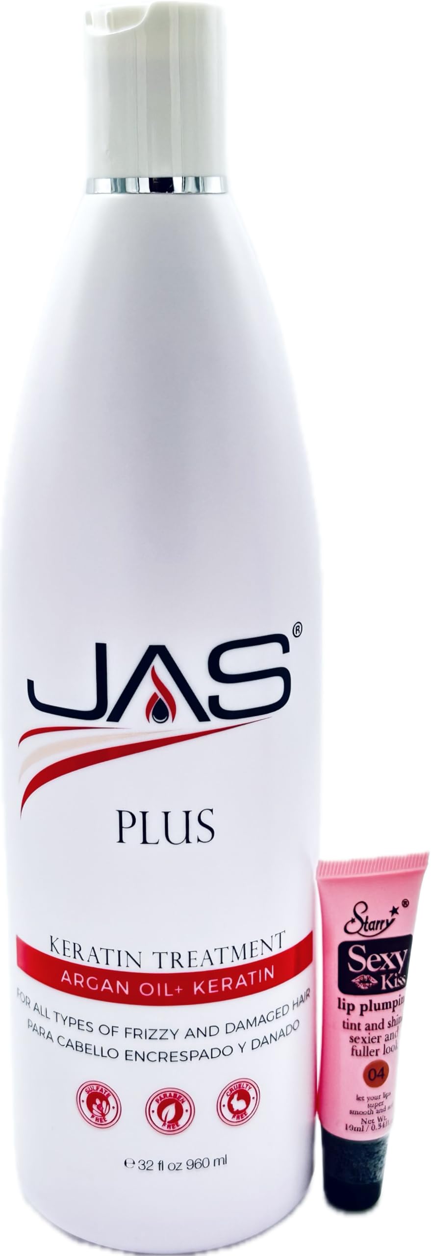 JAS Plus Keratin 3 Smoothing Treatment Keratin + Argan Oil For all Frizzy & Damaged Hair Types- Free Starry Lip Plumping Gloss 10ml (32 fl oz/960 ml)