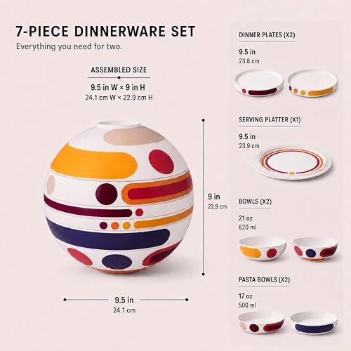 Villeroy & Boch - La Boule Miami, ensemble de vaisselle de 7 pièces pour deux personnes, porcelaine Premium, résistant au lave-vaisselle, convient au four à micro-ondes, multicolore - 2