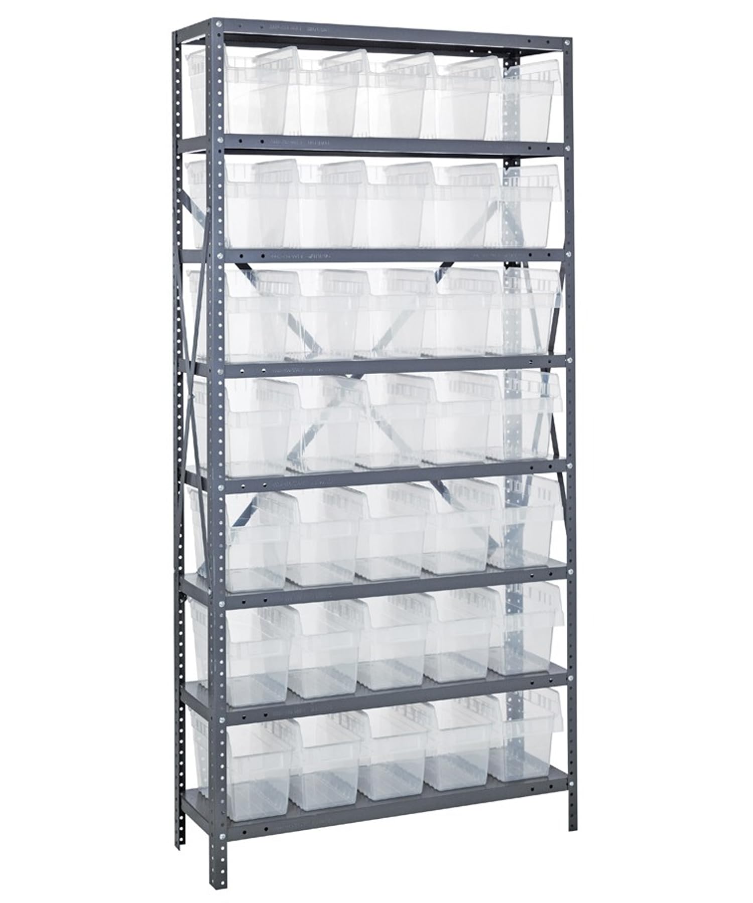 Quantum 1875-SB804CL Heavy Duty Shelving Unit with (8) Shelves and (35) SSB804 Clear Bins for Industrial Warehouse Storage Distribution | 400 lbs Capacity | 18"D x 36"L x 75"H, Galvanized Carbon Steel