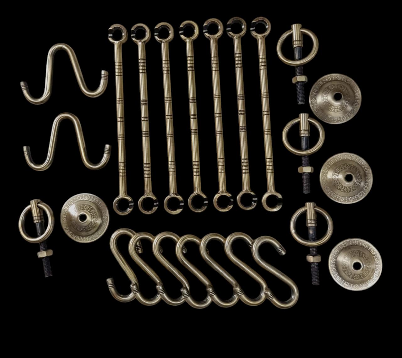 KKRIYA HOME DECOR Complete JULA Set HI-Quality Heavy Guage Swing Hanging Set 28pcs Rod 8pcs S-Hook 4pcs Bottom KADA 2pcs W-Hook Antique Brass Finish with 1000kg Capacity.-image-18