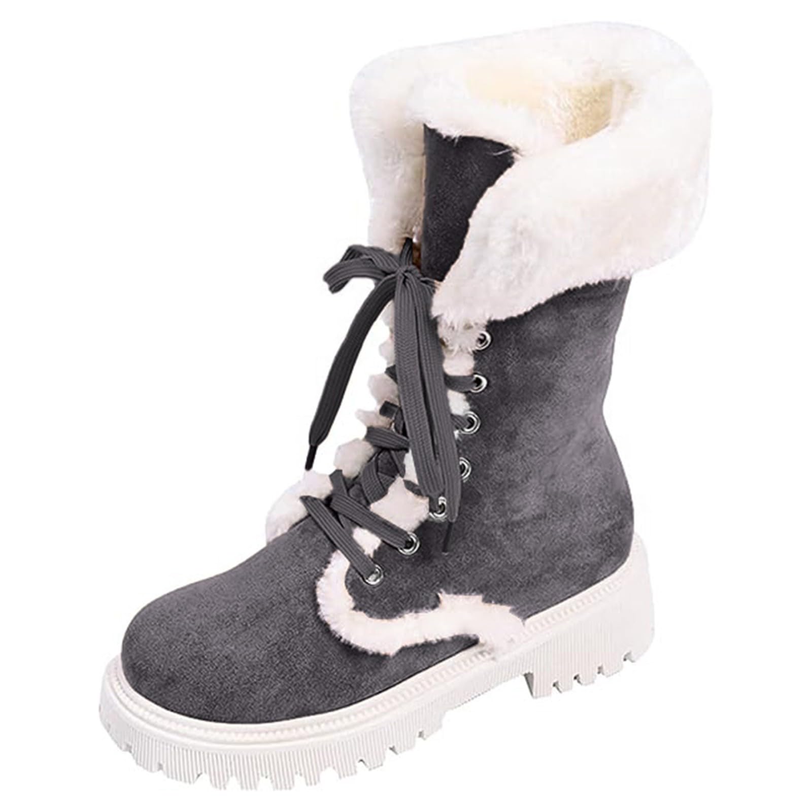 ZSpzx Women Snow Mid Calf Boots Platforms Suede Furry Lining Warm Plush Collar Lace up Chunky Block Heels