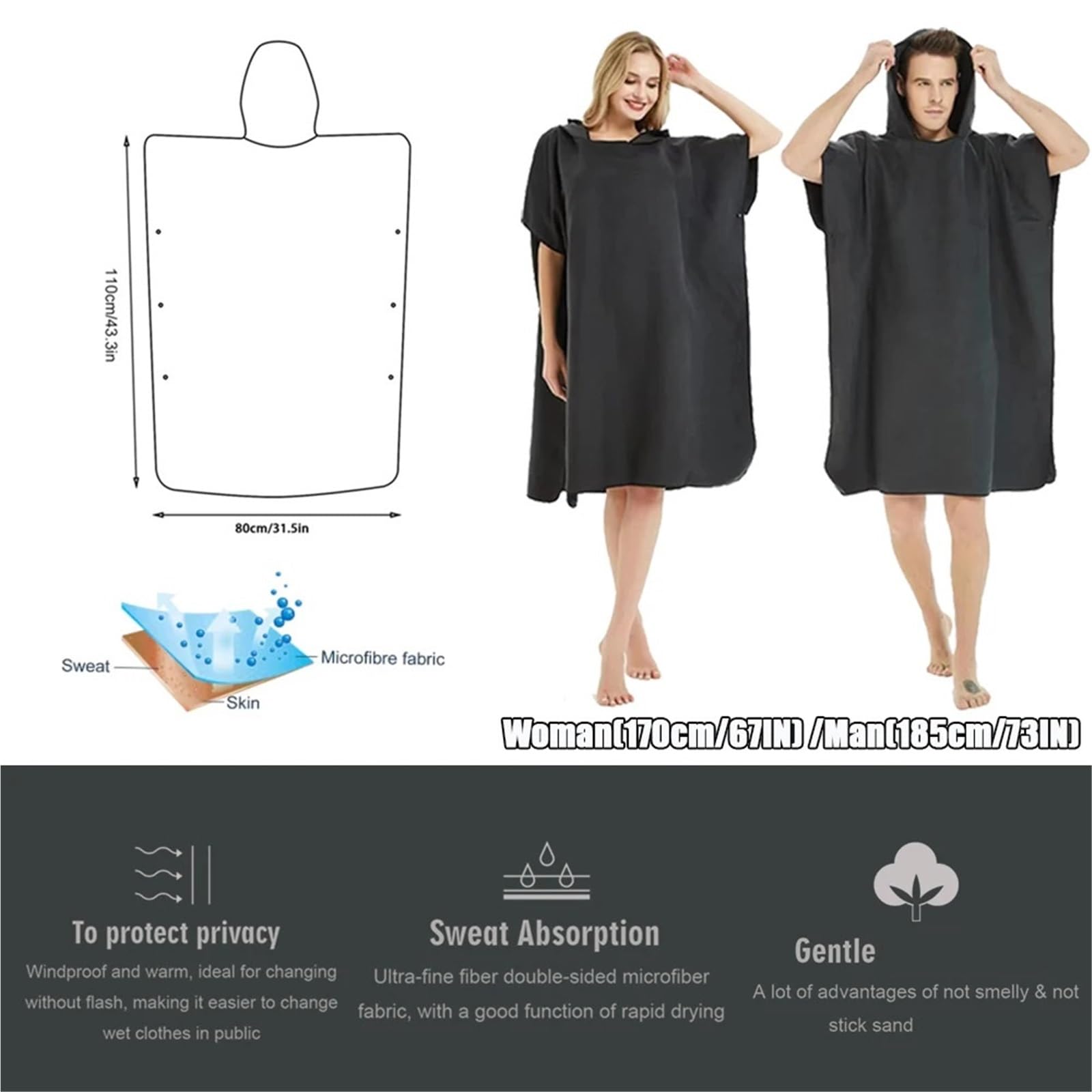 Handtuch-Poncho Kapuzenhandtuch Männer Frauen Schwimmen Strand Reise Schnelltrocknend Wickelmantel Cape Badetuch Bademantel Surf Poncho