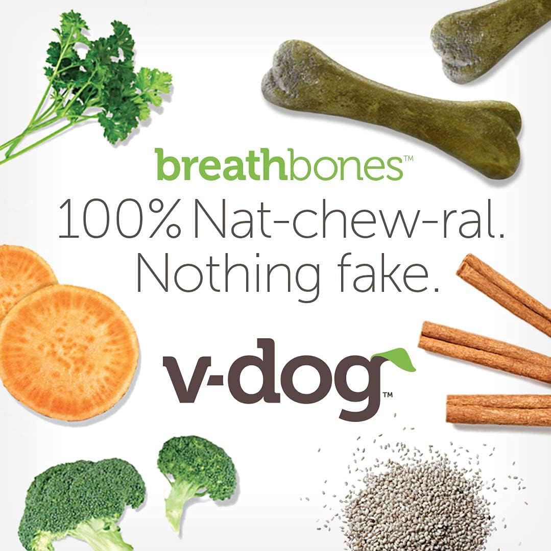 V-dog Dog Treats - Vegan Breathbone Teeth Cleaning Dental Bones - Fresh Breath - 8 Ounces - Minis - All Natural, Made in USA - 10 Bones - 3" Long - Easy to Digest (Pack of 3)
