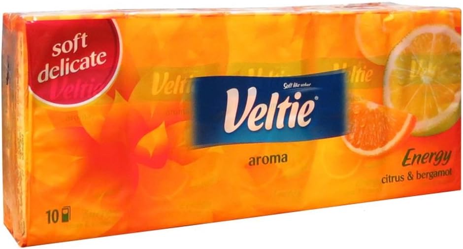 VELTIE Aroma Pocket Tissues for Face and Makeup Removal. Multipurpose. Each Pack Contains 10 tissues - Total Count 100 tissues. Citrus and Bergamot fragranced tissues. Refreshing. Non Hypoallergenic.