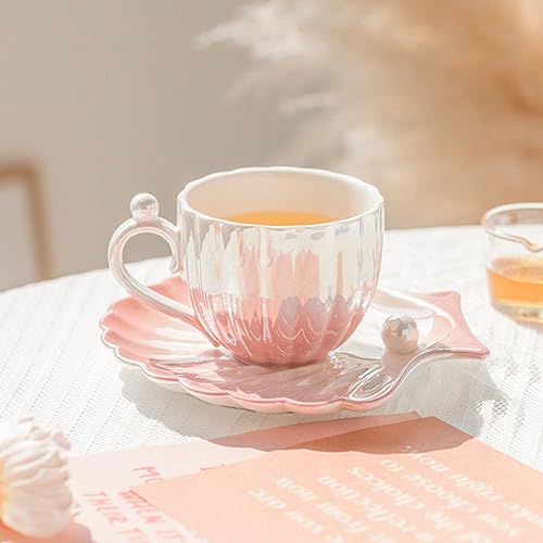 Miniatura 5 de HwaGui Taza y platillo Pearl Shell  Taza de café de cerámica degradada de 8 onzas, té vintage, capuchino, arte con leche para regalo de cumpleaños