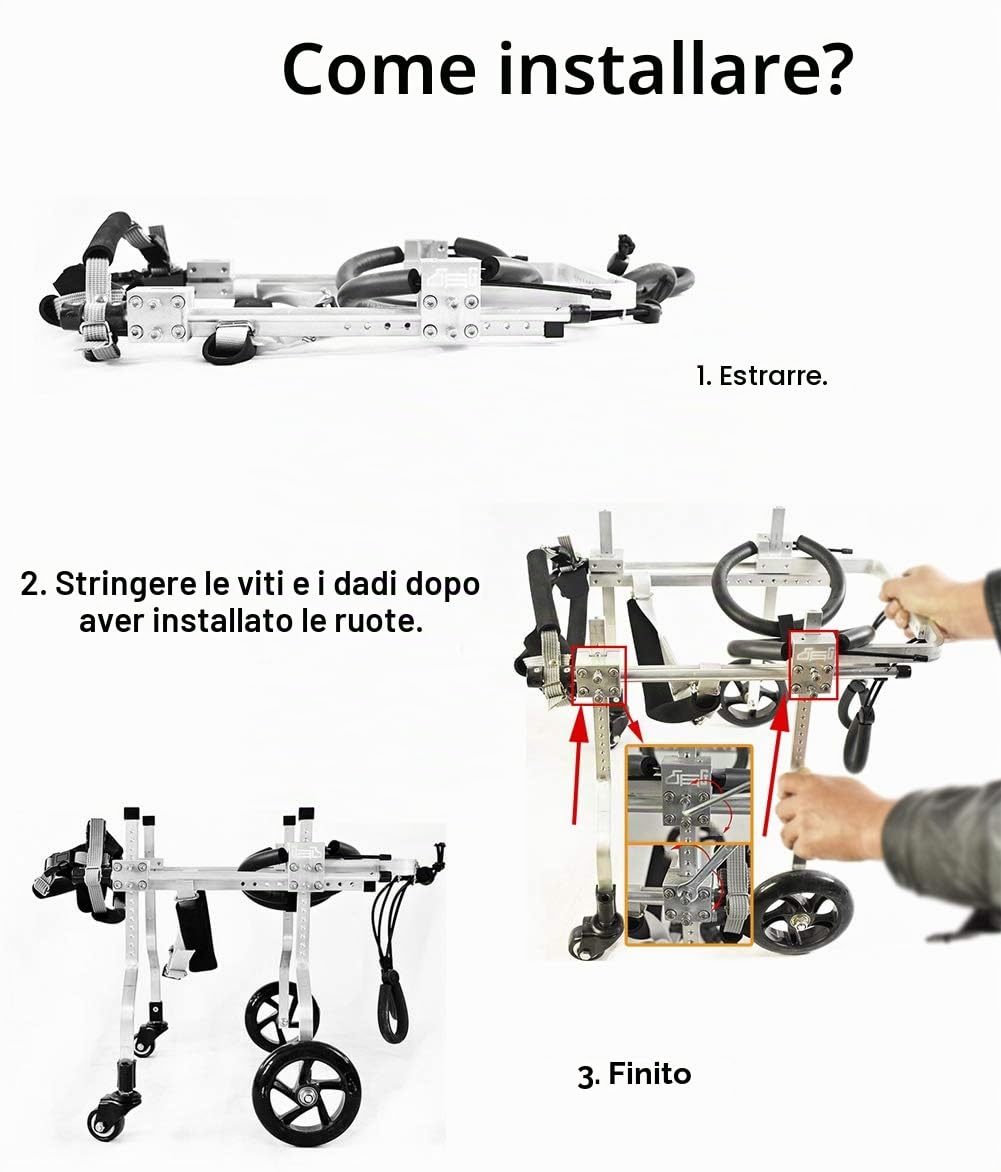Carrello Regolabile per la Riabilitazione delle Zampa Anteriore/Zampe Posteriori di Cani e Gatto, Imbracatura Cane Supporto per Cane Anziani/Feriti Disabili, 4 Ruote, Dog Wheelchair, 1~6KG