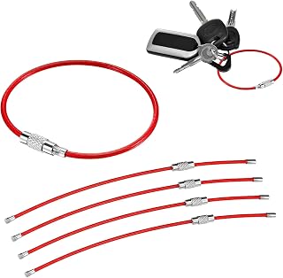 5PCS 5.9" Twisty Lock Key Ring, Stainless Steel Loops 2mm Coated Keychains, Flexaible Key Tag Loop with Screw Lock (Red)