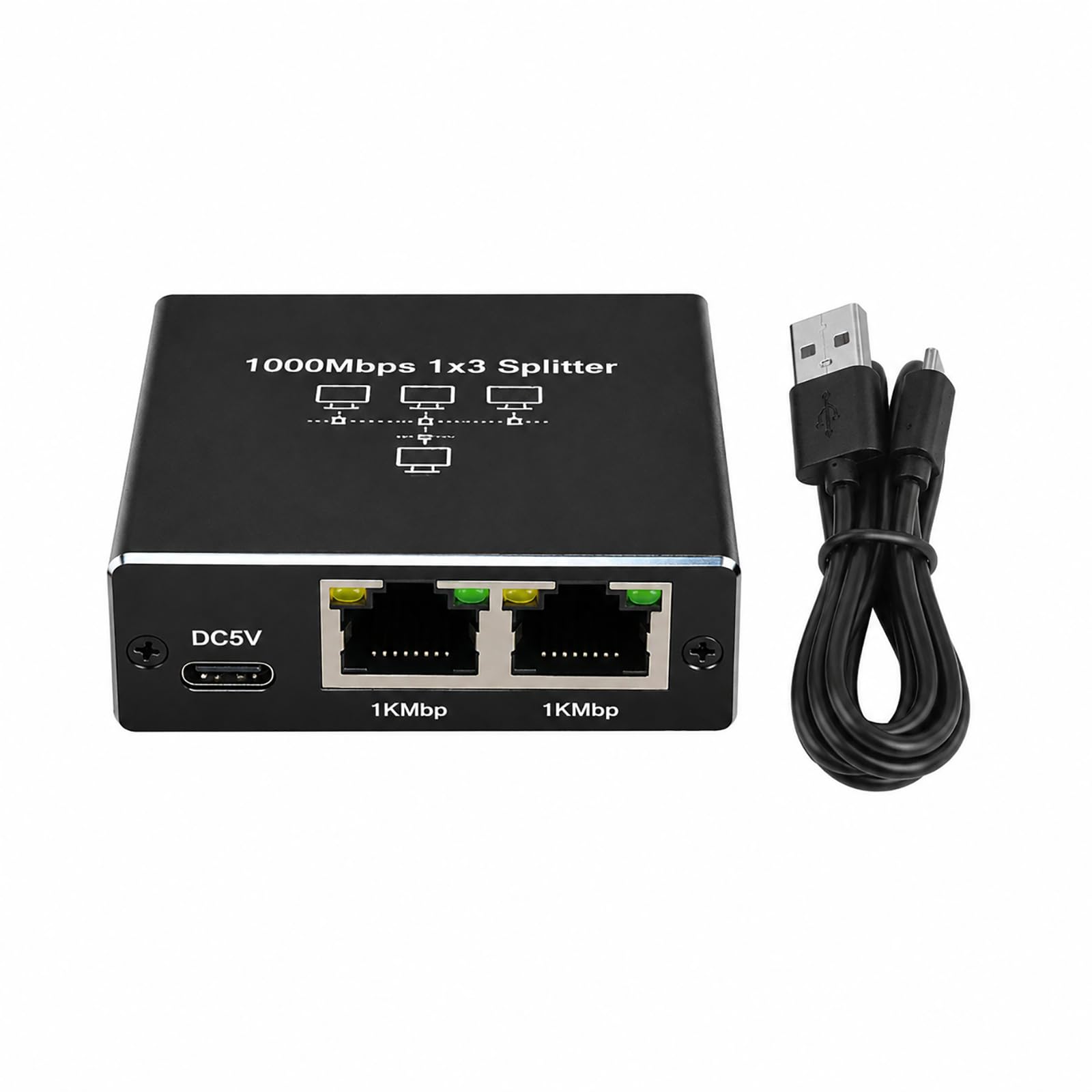 LAN Switch 1 Auf 3, LAN Splitter 1 auf 3 1000Mbps Gigabit Ethernet Verteiler mit Aluminiumgehäuse, RJ45 Splitter USB-C-Stromversorgung Computer, Router, Set-Top Box, Homeoffice, Büro, kompakt tragbar