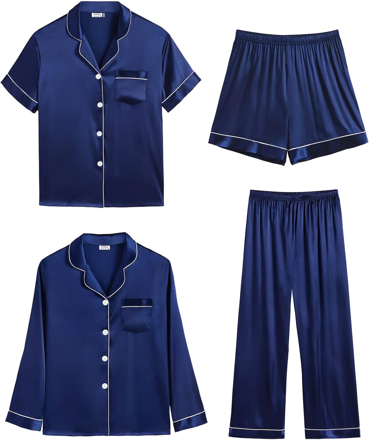 SWOMOG Women 4Pcs Silk Pajamas Set Button Down Sleepwear Loungewear Pj Sets for Ladies Nightwear SWOMOG Women 4Pcs Silk Pajamas Set Button Down Sleepwear Loungewear Pj Sets for Ladies Nightwear