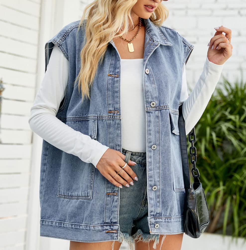 PAODIKUAI Gilet di jeans oversize da donna Mid Long Jean Gilet senza maniche Giacche in cotone invecchiato