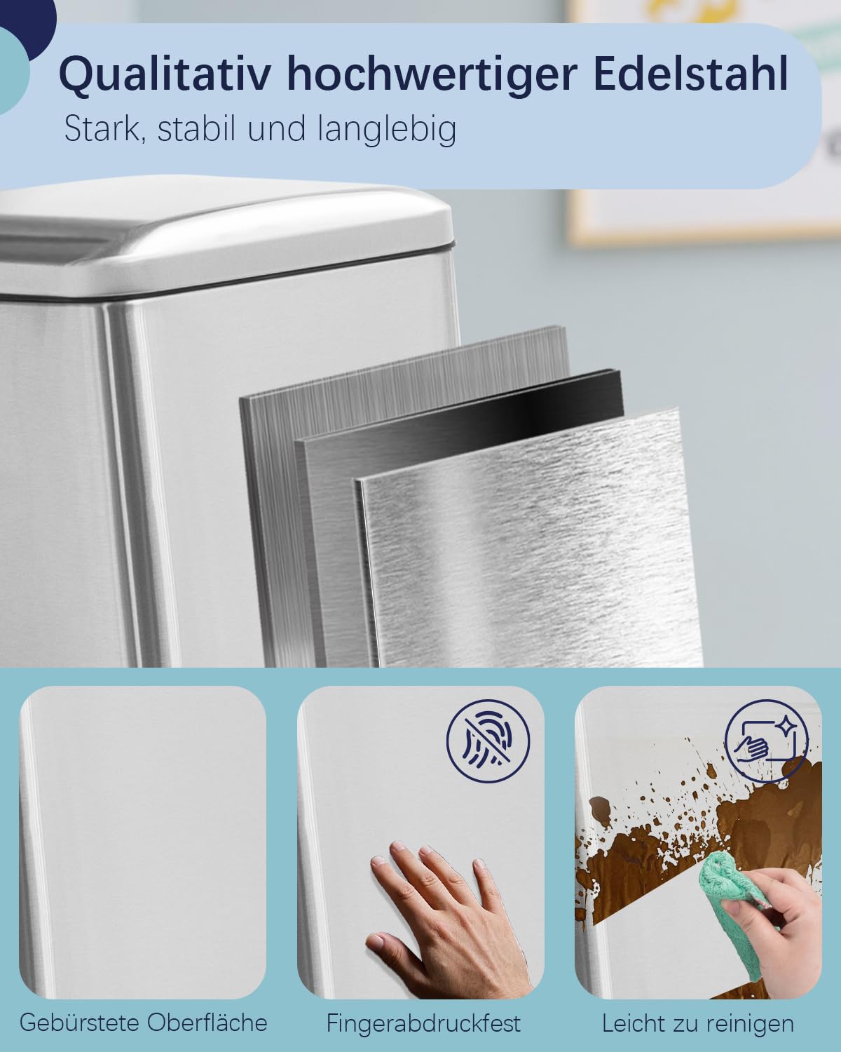 Mülleimer Küche, Schmaler Abfalleimer mit Deckel, Tretmülleimer | 30 Liter, Edelstahl Küchenmülleime mit Inneneimer, Küchenmülleimer mit Softclose-Deckel, Treteimer für Küche,Bad und Büro