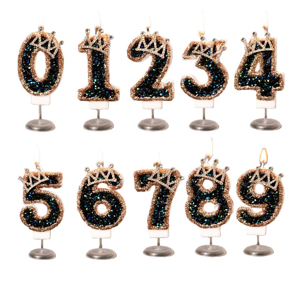 Velas de cumpleaños, 10 unidades, con diamantes negros 3D, decoración para tartas con corona, número de pastel, decoración de tartas, números del 0 al 9, número de cumpleaños, velas digitales