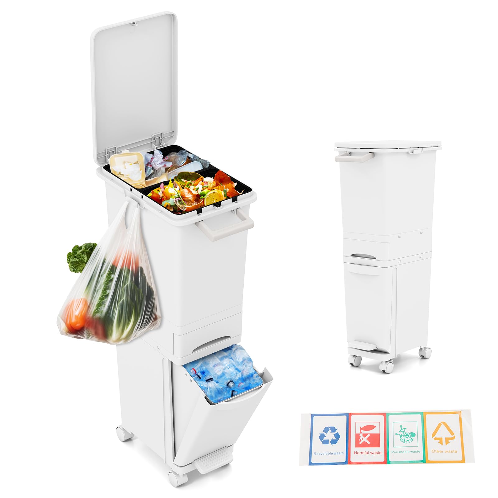 GOPLUS Cubo de Basura Vertical 30L, 3 en 1 con Pedal y Ruedas, Contenedor de Basura con Cubierta, Cajón y Pegatinas de Clasificación para Cocina y Sala de Estar (Blanco)