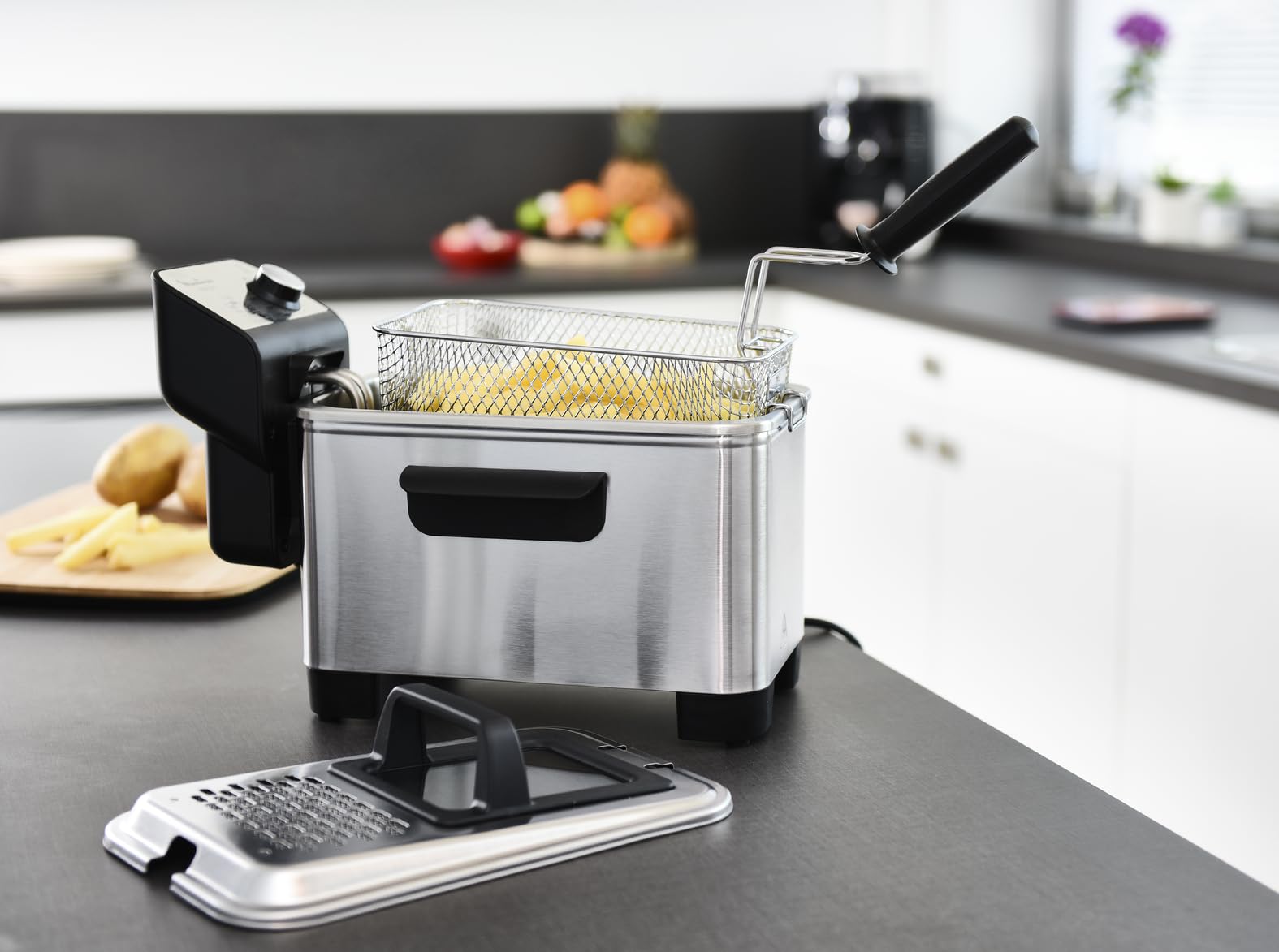 Moulinex Easy Pro AM338070 - Freidora 2300 W de 3 litros con cuba extraíble de acero inoxidable apta para lavavajillas, con 2 niveles de cocción, termostato regulable y ventana transparente