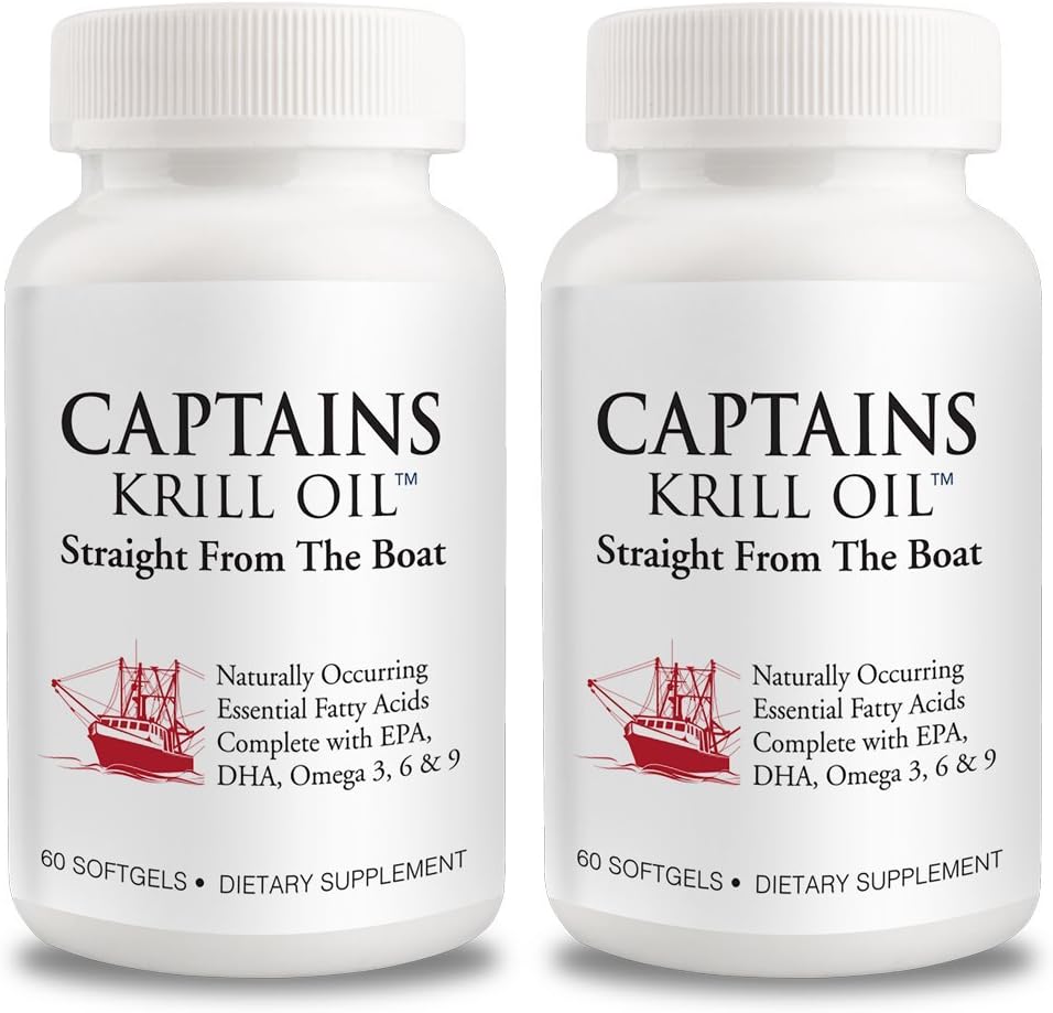 Captains Pure Antarctic Krill Oil Softgels | Omega 3 EPA, DHA with Astaxanthin & Phospholipids| No Additives or Chemicals | 1000mg per Serving, 60 Capsules, 2-Pack