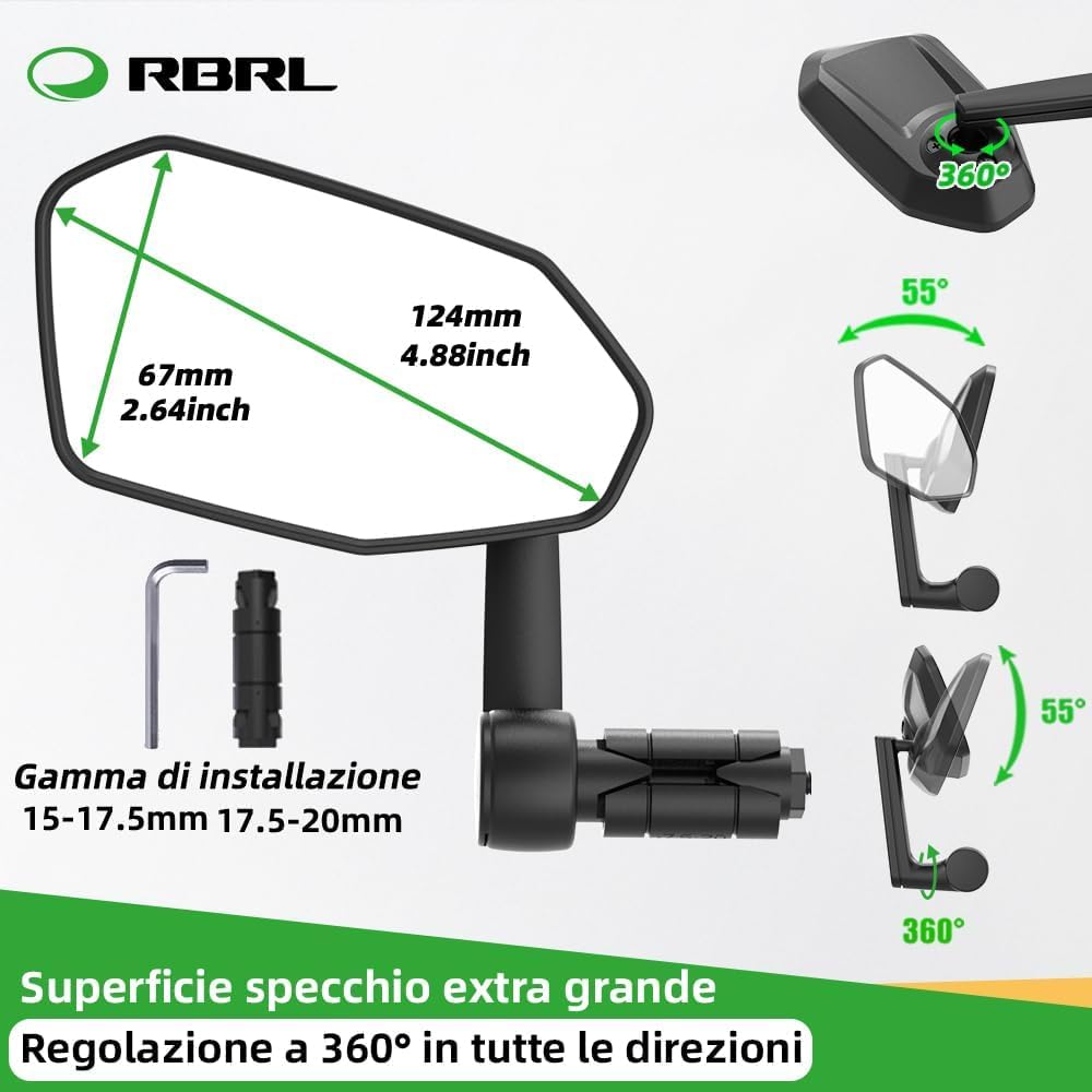 RBRL Specchio retrovisore per bicicletta, non facile da bloccare, infrangibile e duraturo, regolabile a 360° per e-bike (sinistra)