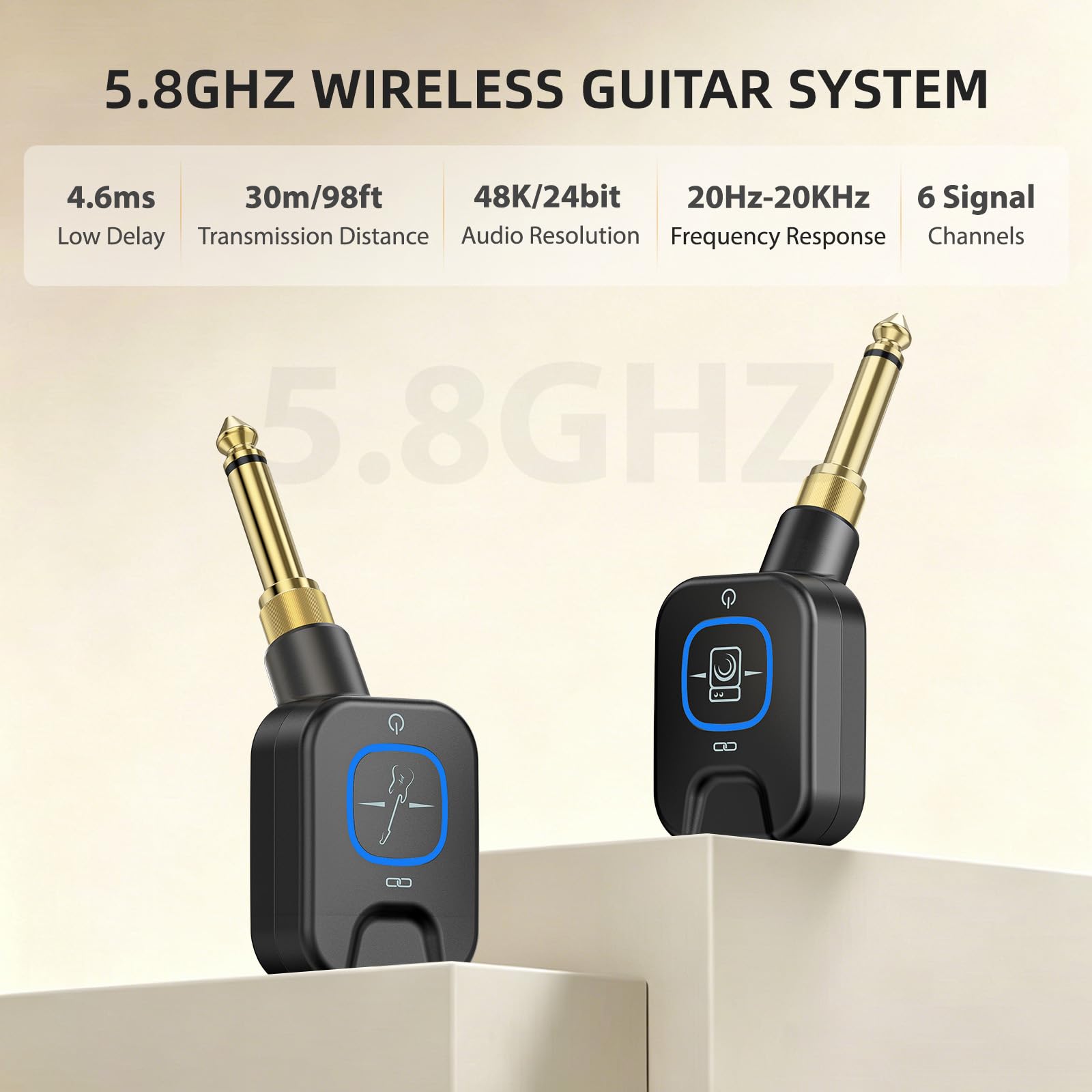 POLOLAB 5.8GHz Sistema Wireless per Chitarra, Trasmettitore e Ricevitore per Basso Elettrico con Custodia di Ricarica, 6 Canali, Latenza <4.6ms, Portata 30m