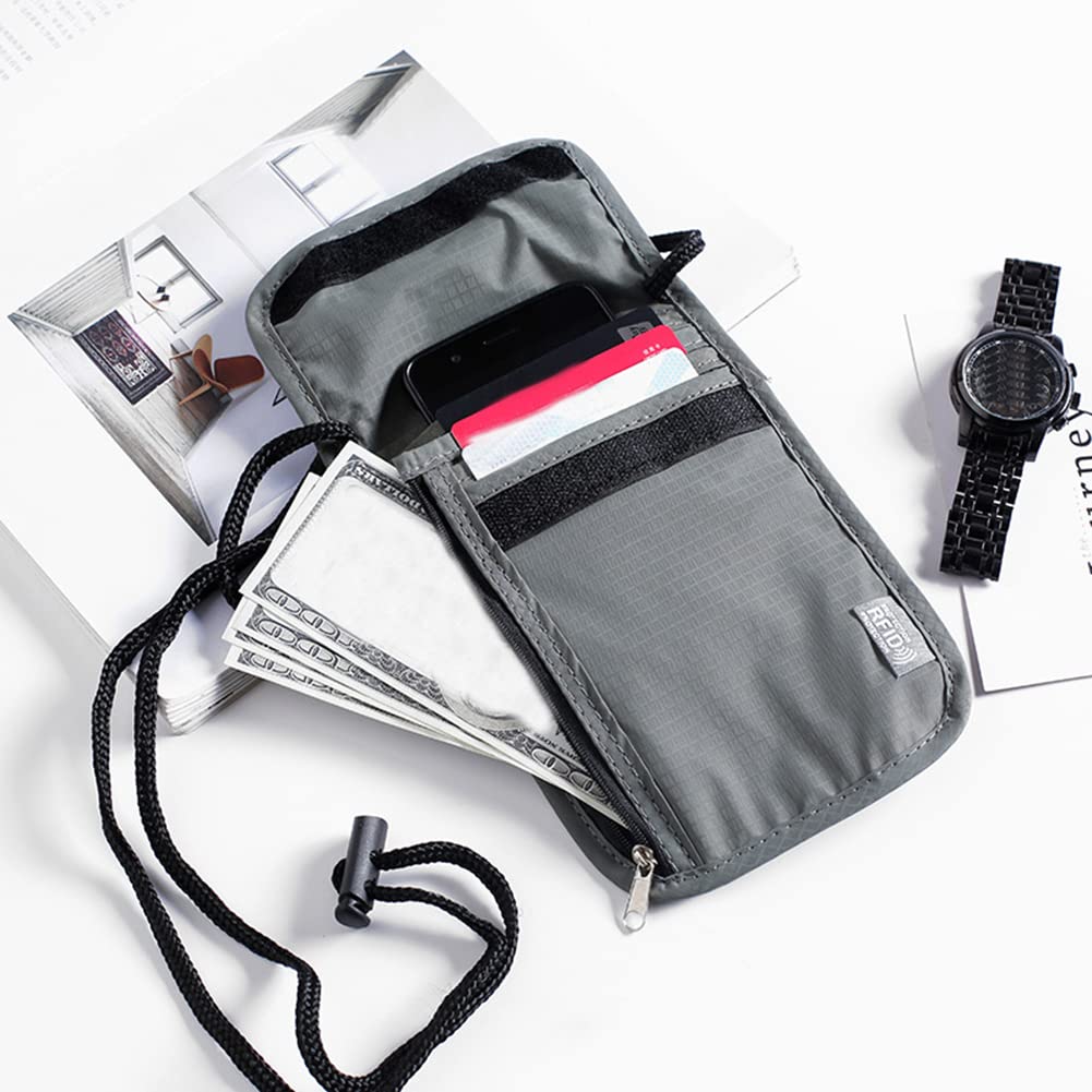Portefeuille De Voyage Gris 19x14cm Avec Blocage RFID - Pochette Passeport Sangle Cou Réglable