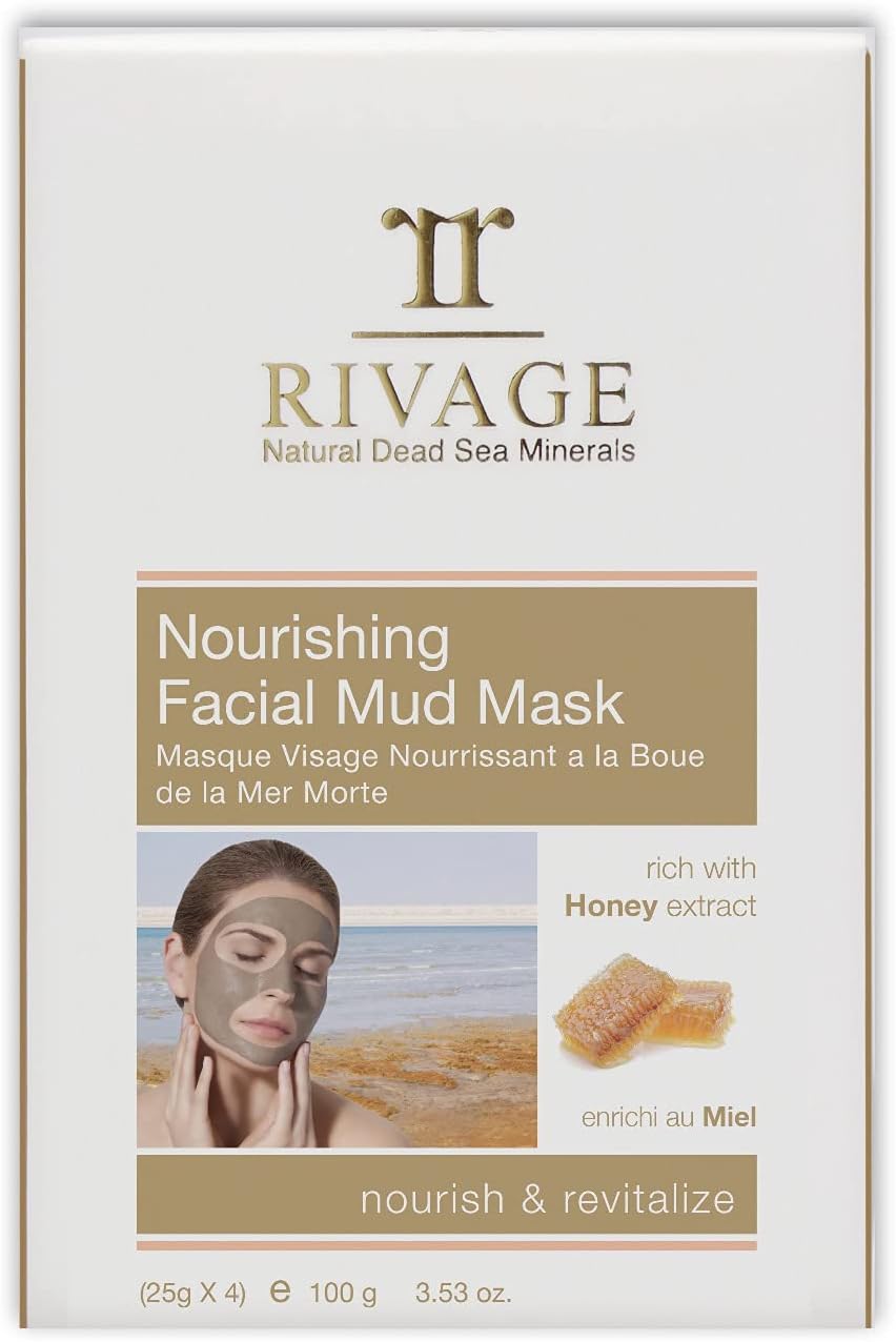 Rivage NATURAL DEAD SEA MINERALS Nourishing Facial MUD MASK with HONEY Sachets 25 g X 4 100% AUTHENTIC DEAD SEA MUD JORDAN NOURISH and REVITALIZEVEGAN FRIENDLY, NO ANIMAL TESTING, NO HARSH CHEMICALS