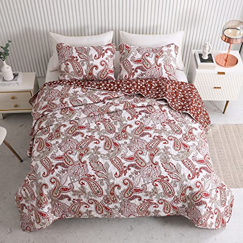 Exclusivo Mezcla 3-Piece Queen Size Boho Paisley Quilt Sets, Reversible Lightweight Bedspreads/Coverlets/Bedding Set, (92"X 96", Red) #TOP1