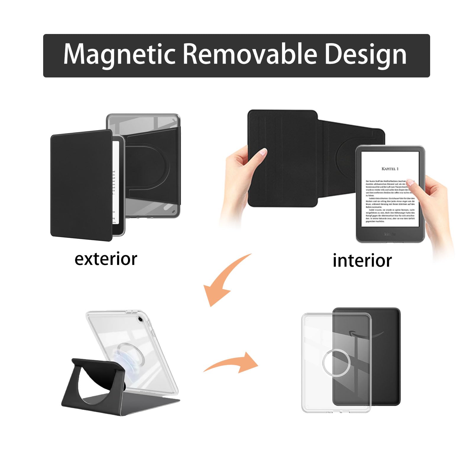 Coque pour Kindle 2024/2022, 360 Degrés 6" Etui Protection Liseuse 11. Generation, Magnétique Amovible Étui, Support Réglable Case, Transparent avec Mise en Veille/Réveil Pochette Housse, Noir