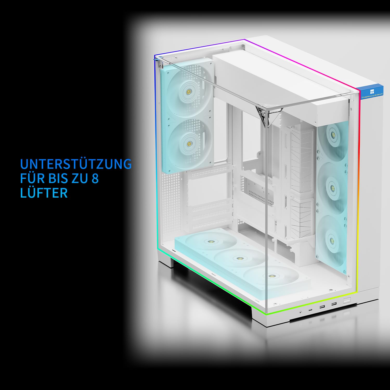 TR A70 Vision weißes ATX Gaming-Gehäuse | dreiseitiges säulenlosem Panoramaglas-Panel | 8 Lüfterplätze | Midi-Tower PC-Gehäuse | ausgestattet mit USB-C-Anschluss und integriertem 9,16-Zoll LCD-Display