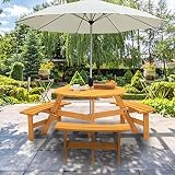 Goujxcy 6 Person Wood Picnic Table, Outdoor Round Picnic Table with 3 Built-in Benches, Umbrella Hol