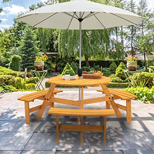 Goujxcy 6 Person Wood Picnic Table, Outdoor Round Picnic Table With 3 Built-In Benches, Umbrella Hole, Outside Table And Bench Set For Garden, Backyard, Porch, Patio (Brown4) #TOP28