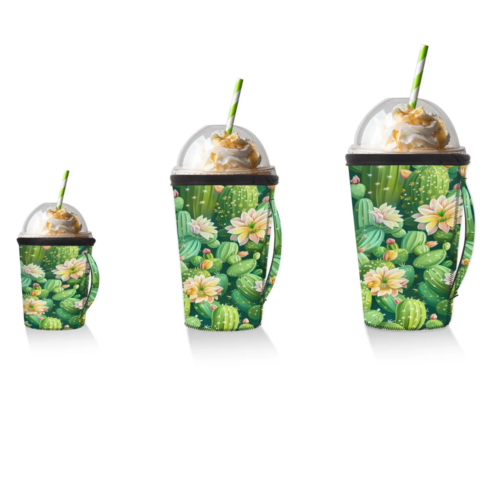 Beautiful Watercolor Cactus Reusable Neoprene Coffee Sleeve with Handle Insulated Iced Coffee Cup Holder Reduces Condensation Fits 24-28 oz Cups M