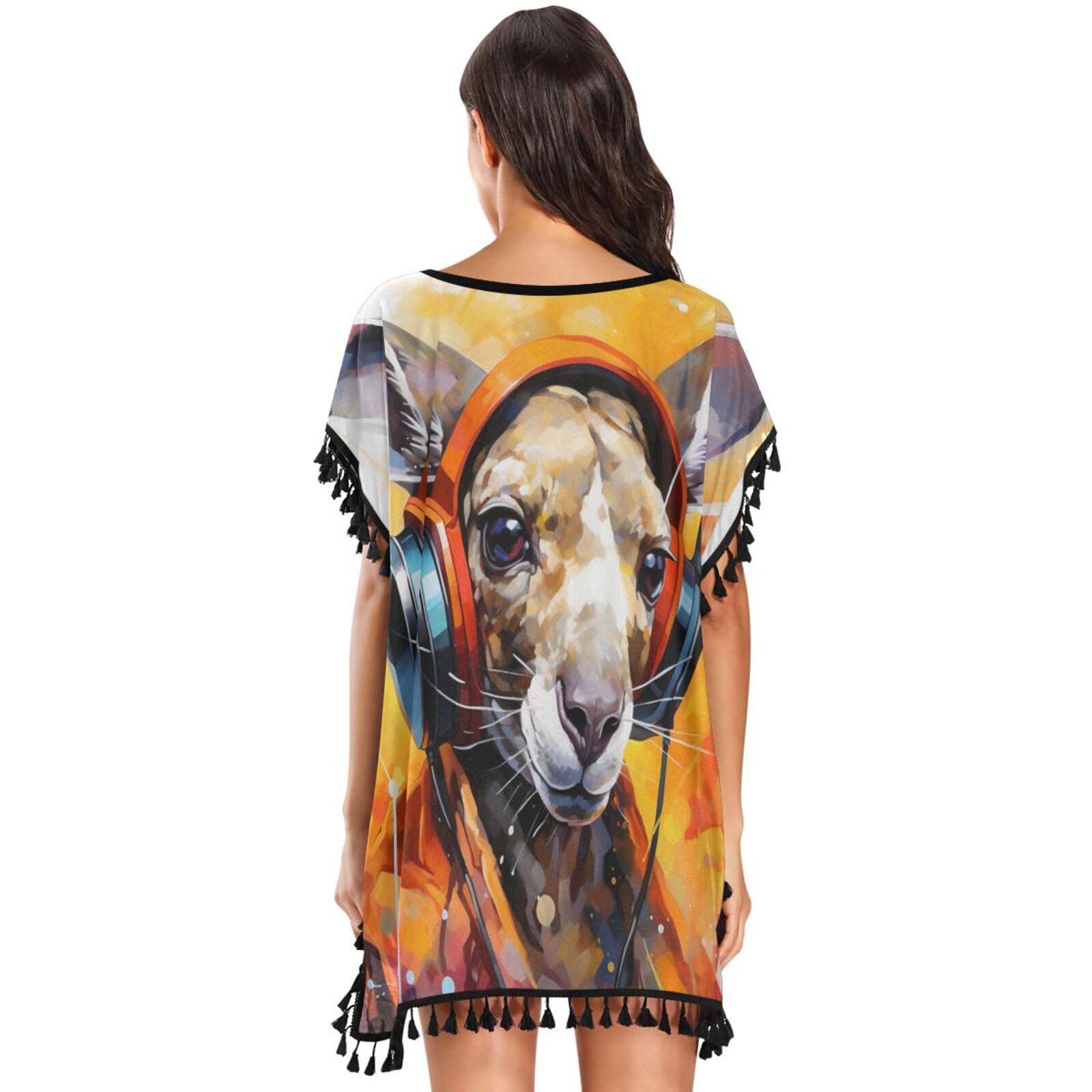 Watercolor Kangaroo Abstract Women's Beach Cover Up Chiffon Tassel Swimwear Swimsuit Coverups for Girl