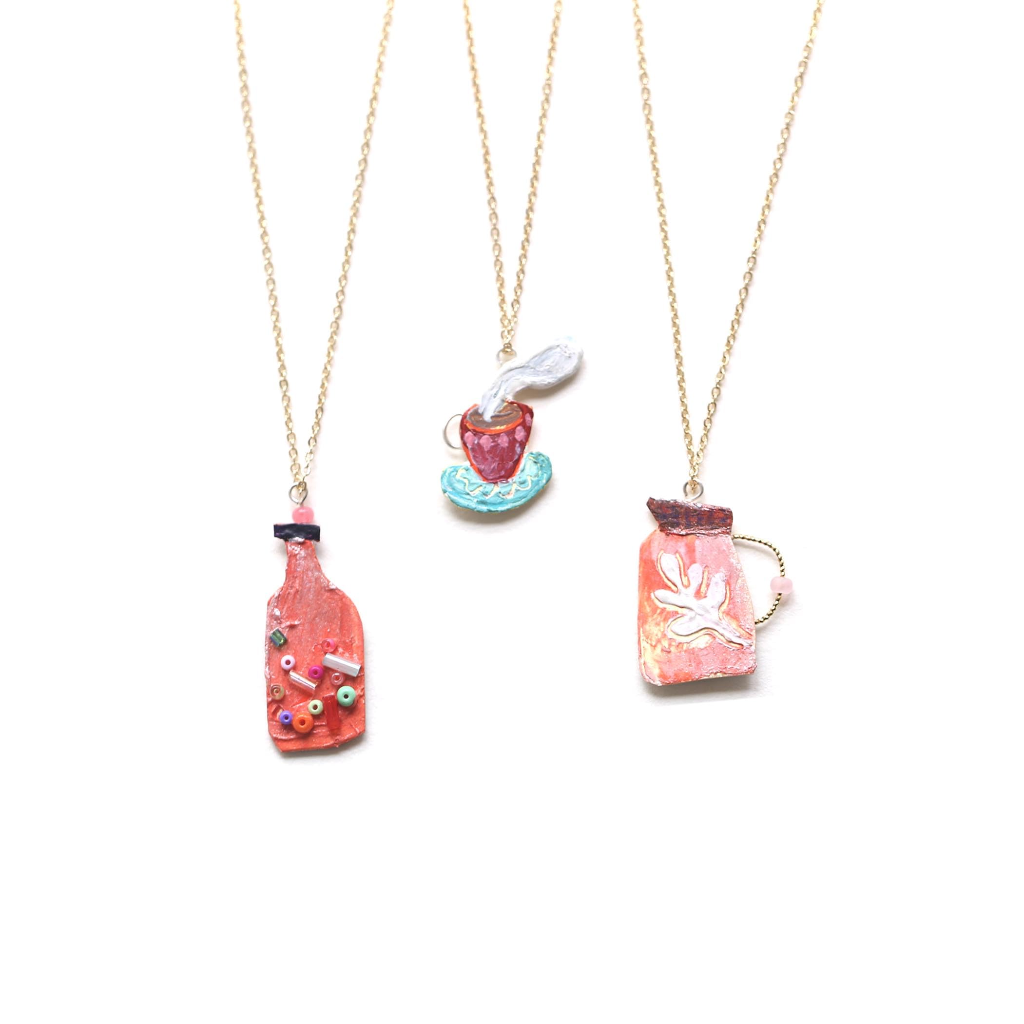a cup of tea,jar earrings,bottle necklace,necklace jewelry, hand painted art illustration necklace, art jewelry