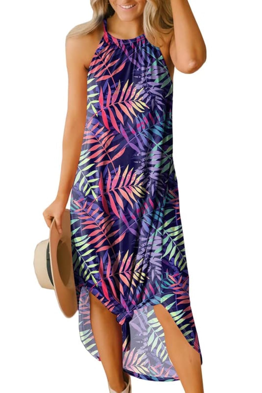 For G and PL Women's Summer Casual Halter Side Slit Long Maxi Beach Dress Vacation Resort Sundress