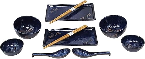 Miniatura 3 de Japonés Tombo Libélula Azul Motif Juego de vajilla de cerámica de sushi 10pc para dos pares compuesto por de platos de sushi cuencos de sopa salsa