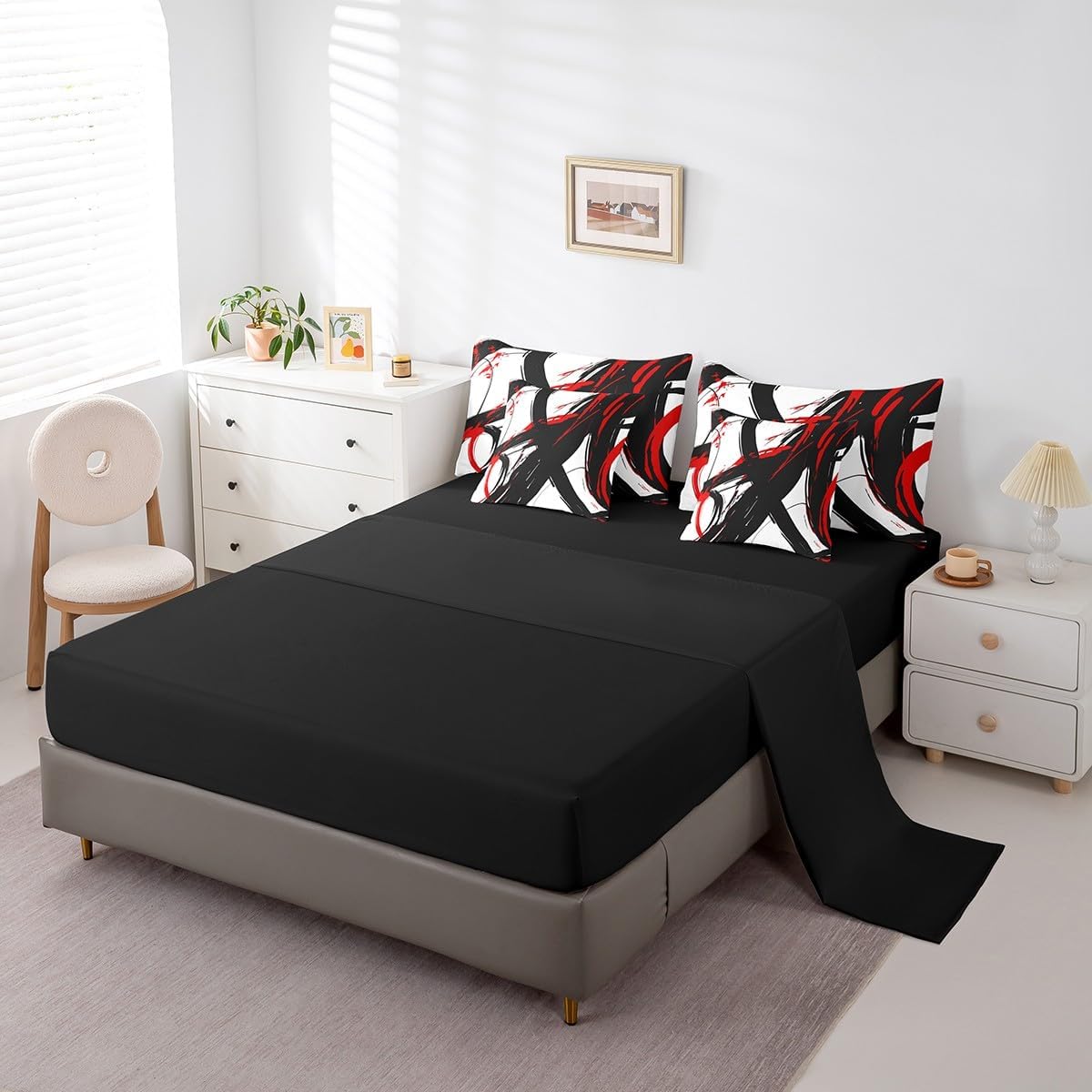 Feelyou Abstract Art 7 Piece Bedding Set Queen Size Kids Red Black Modern Geometric Print Bed in a Bag for Boys Girls Teens Minimalist Ink Line Comforter Set with Sheets Soft Microfiber