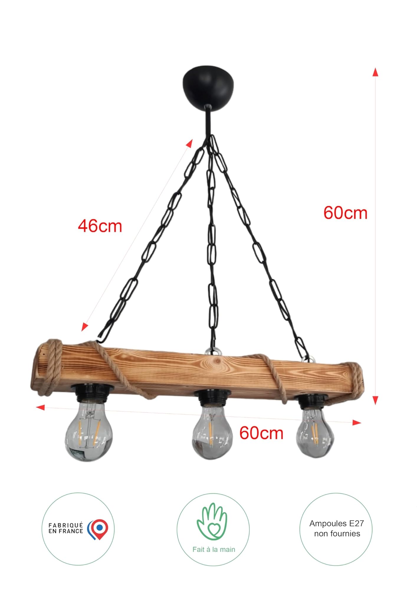 Lampadario a sospensione in legno e corda stile industriale, rustico, da campagna, chic, con 3 lampadine (E27)